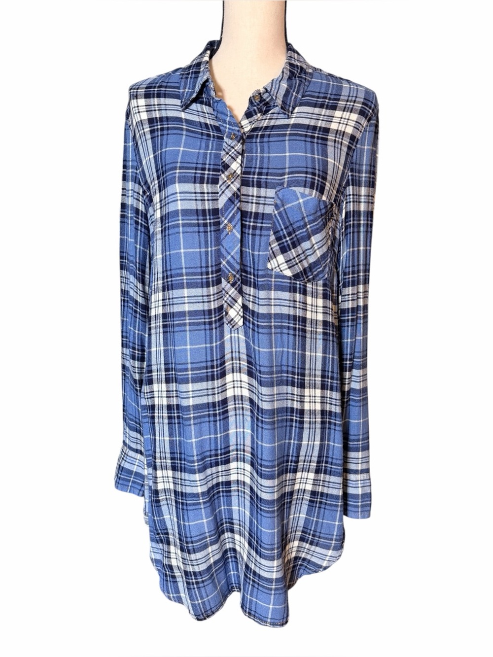 Sundance Blue Plaid Flannel Shirt Dress Tunic Size Medium